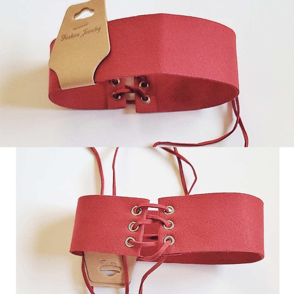 New Red Lace‑Up Faux Suede Corset Choker Necklace Goth Cosplay Choker Y2K